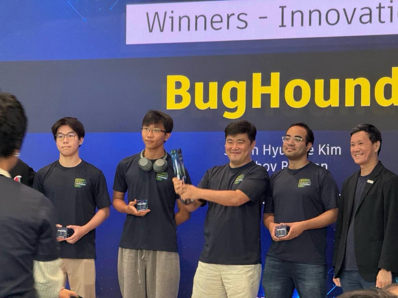 BugHound team receiving the Innovation Award at the Autodesk Singapore Hackathon